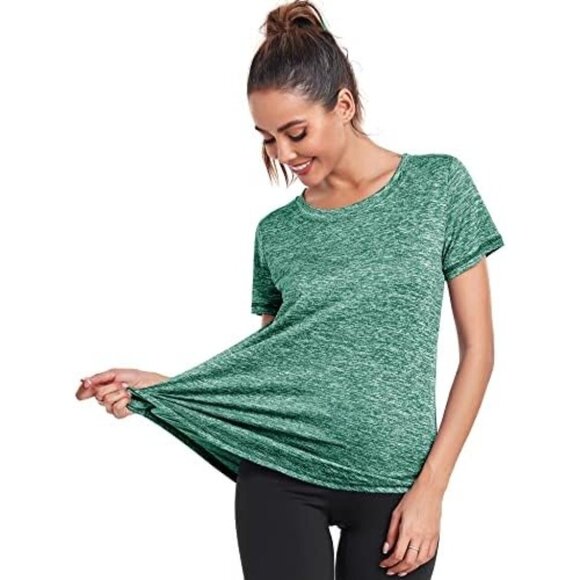 🆕Women Green Polyester Workout  Short Sleeve Athletic Gym Running T Shirt - Picture 4 of 7